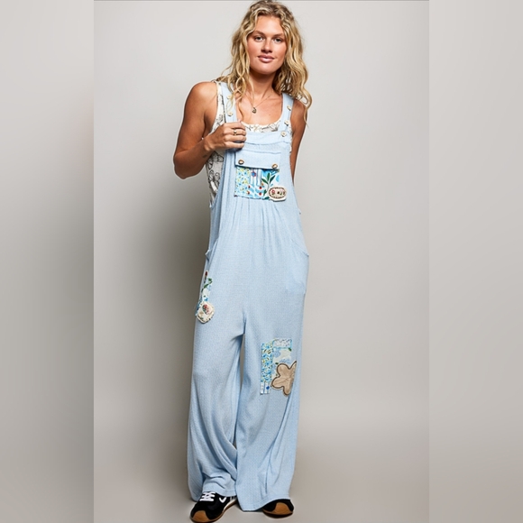 #1432 POL Sky Bloom Patchwork Waffle Knit Boho Overalls - Picture 3 of 6